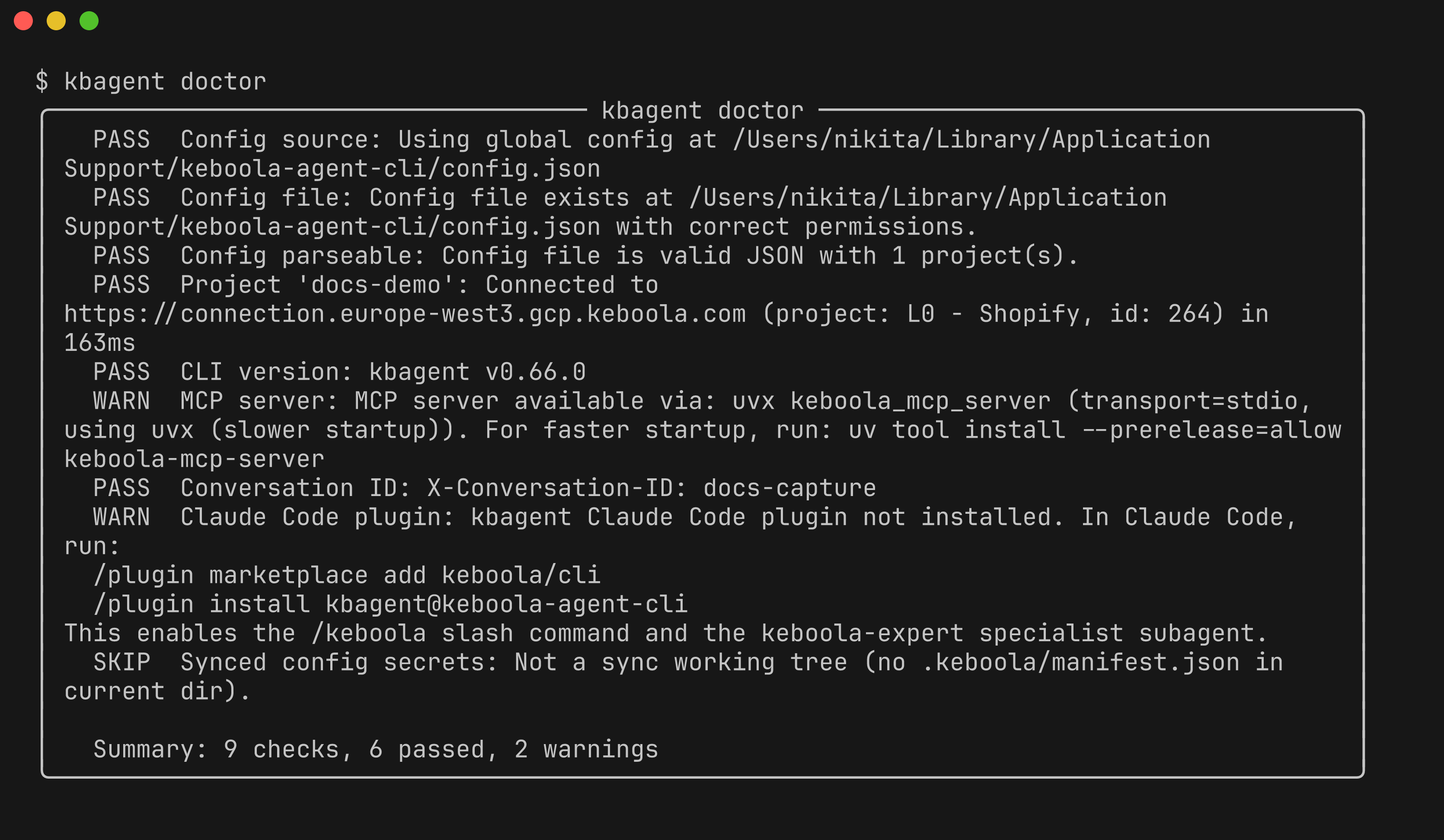 kbagent doctor output: config found, project 'docs-demo' connected to the stack (L0 - Shopify, id 264), CLI version, and warnings for the MCP server and Claude Code plugin